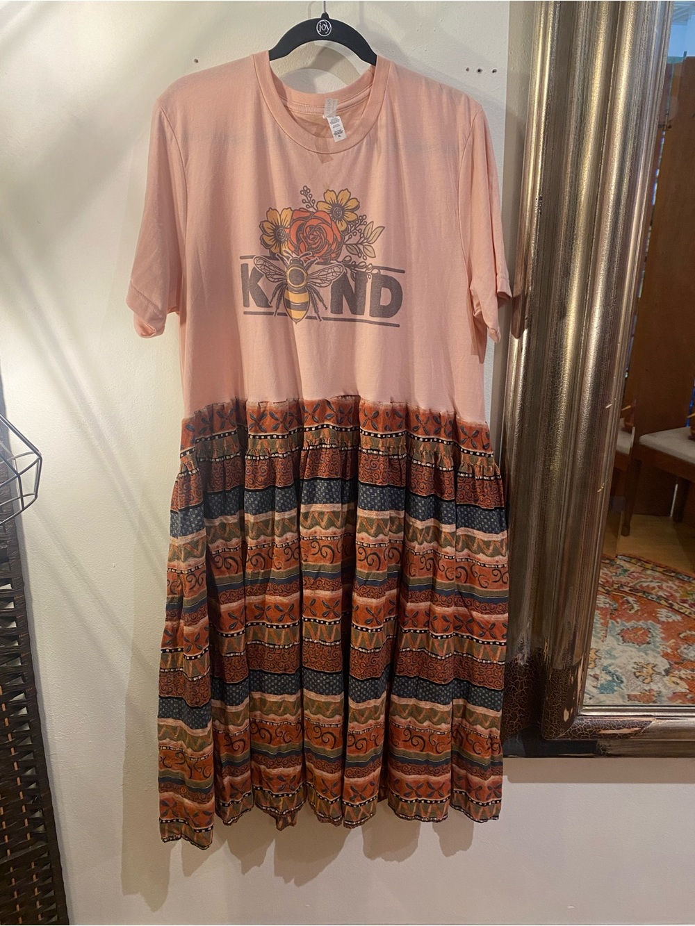OOAK Upcycled Peach Graphic Boho Tiered Dress with Floral Bee